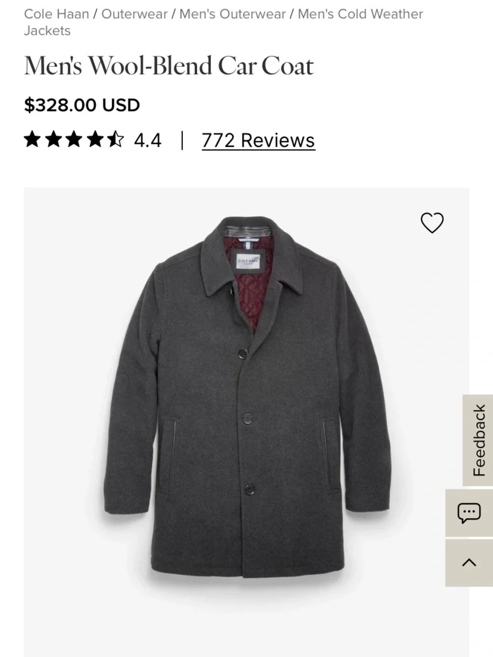 Cole Haan Charcoal Wool-Blend Pea Coat with Burgundy Lining
